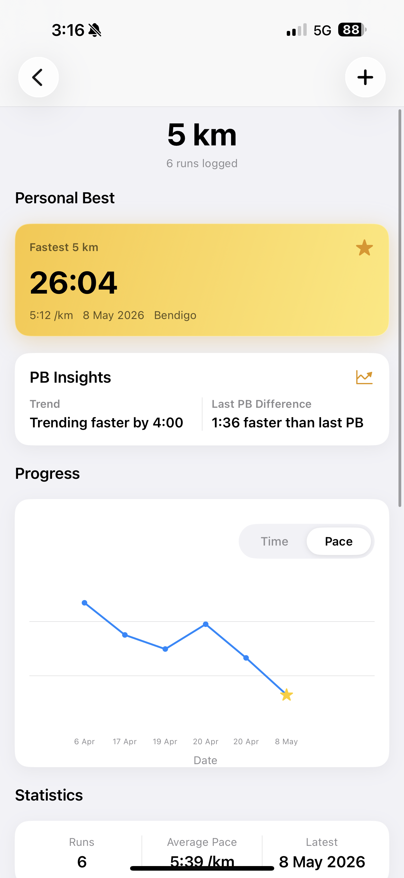 BeatYourBest main run page showing runner performance tracking